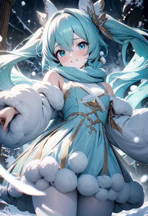 Fantasy CG digital art,A drawing of Hatsune Miku in a fantastical snowy world.Miku is wearing a cute, soft white hat with fluffy white fur Wear a cute outerwear with fur that blends in with the white snowy scenery.She is wearing a white turtleneck sweater ...