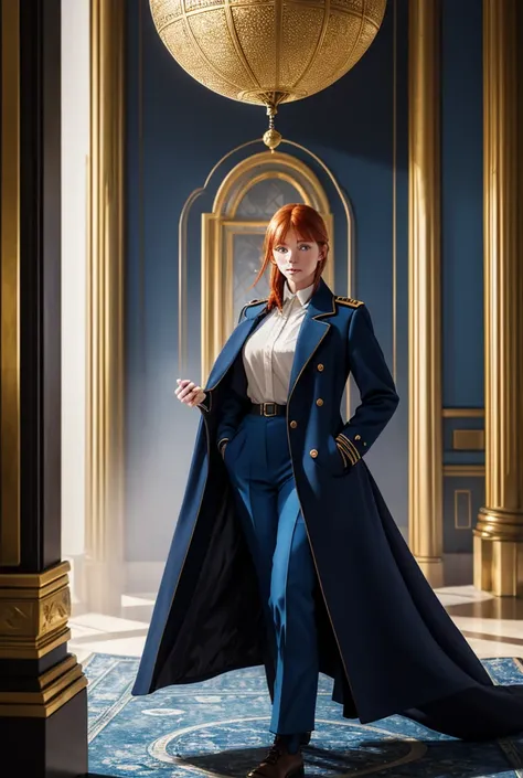 young redhead woman,  freckles on her face and bright blue eyes ,  dressed in a military blue uniform ,  with gold details , long blue coat ,  long shot image ,  she carries a sketchbook in her hands and an elliptical pattern with balls appears on her coat...