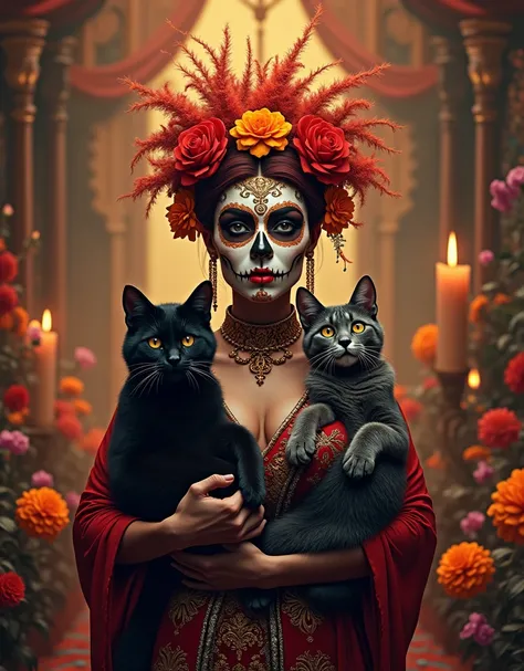 a woman with red hair and a skeleton face holding two cats, dia de los muertos!!, full of colors and rich detail, la catrina, day of the dead, ( ( dia de los muertos ) ), queen of the dead, el dia los muertos!, day of all the dead, ( dia de los muertos )