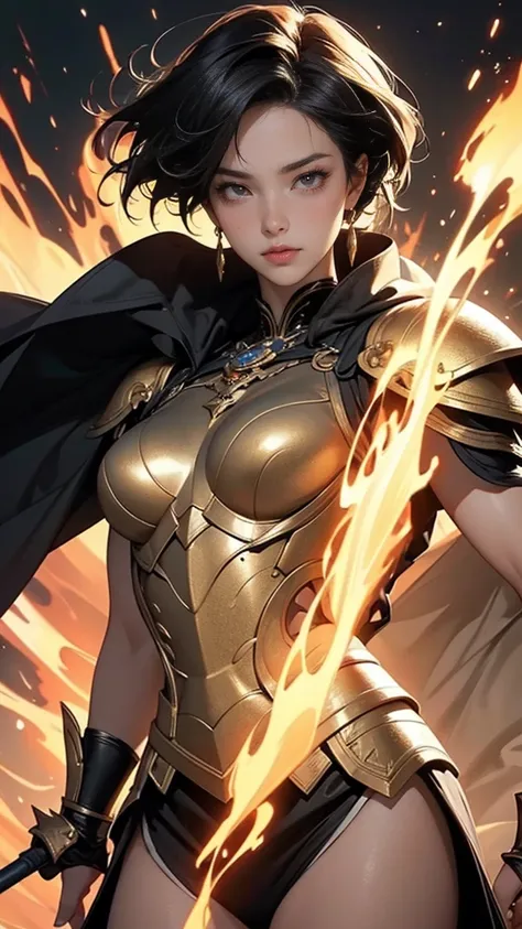 solo,  gaze realistically ,  high definition, masterpiece,  is anatomically correct, Best Quality,  Ultra High Definition,  textured skin , woman、Slanted Eyes、Center parted short hair、Muscular、 fantasy、 Female Warrior、black armor with cape and gold attachm...