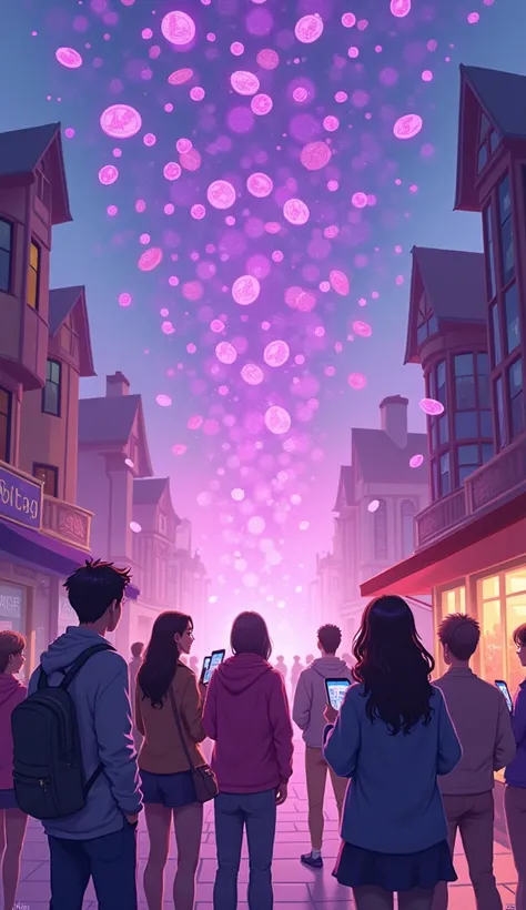  Many members are in front of a pink-purple store ，Purple coins are falling from the sky ， Each member is holding a mobile phone and looking at the same website， purple coins falling from the sky，Tail