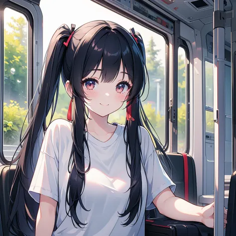 Realistic pictures of cute Korean women ,  Uneven Twin Tails , light makeup, Medium chest size, Smile slightly, Color T-shirt, On the bus,  sharp and realistic details with clear facial features, Sony FE, ,   cinematic lighting ,   high detail , U high def...