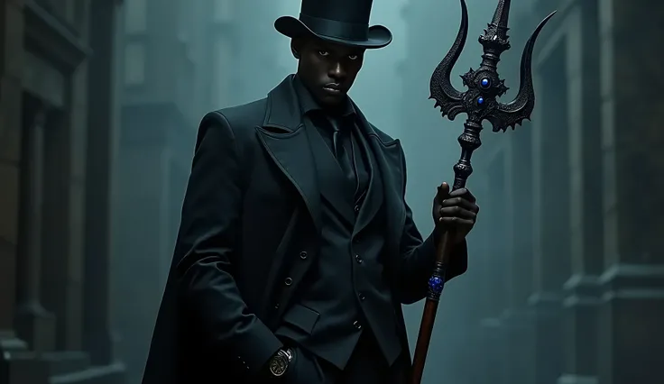 Moody atmospheric photography of Exu, a tall, dark-skinned man with defined facial features, dressed in elegant, all-black, three-piece attire with subtle blue accents on the collar, cuffs, and pocket watch, a tilted top hat with a satin finish, a confiden...