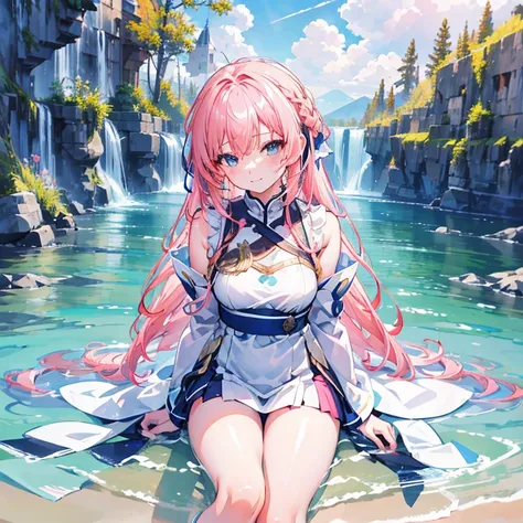 masterpiece, best quality, high resolution , extremely detailed computer graphics,Perfect light and shadow,8k wallpaper,illustration,Sunlight, ray tracing,Bare shoulders, Bare thighs, 1 Girl, white skin, shiny skin,slim, pink hair,Long hair,watery sky blue...