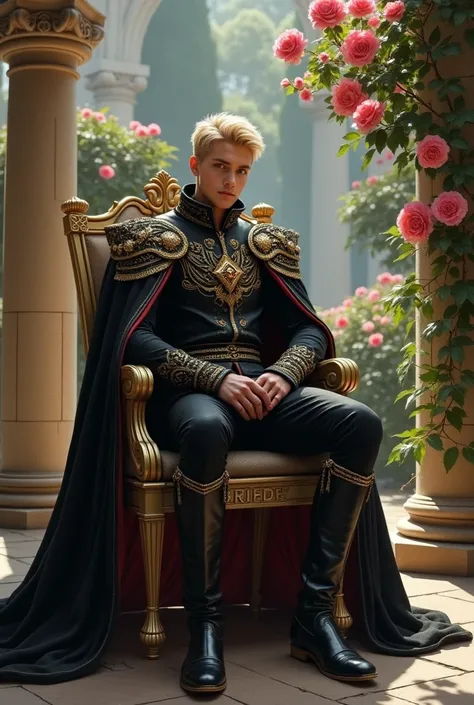  is a young man with short blonde hair wearing a luxurious black royal costume decorated with gold, a fancy pattern, (Fantasy costume) (An unconventional costume )،(( Sharp expressions ))، (Strong face), sitting on a stone chair inside a palace garden, sho...