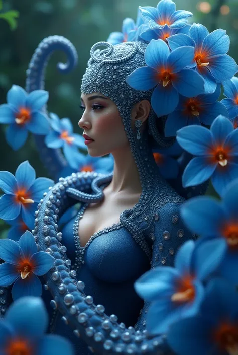 An elegant sexy octopus QUEEN garbed in and   surrounded by orange hued blue orchids. 