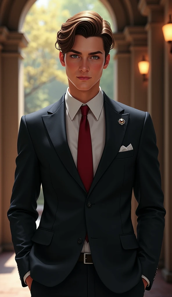 JASPER CAIN (early 20s, charming and well-groomed) steps forward with a knowing smile. He’s dressed in the academys formal uniform: a tailored suit with a crimson tie, exuding confidence. His eyes gleam as he looks her over.