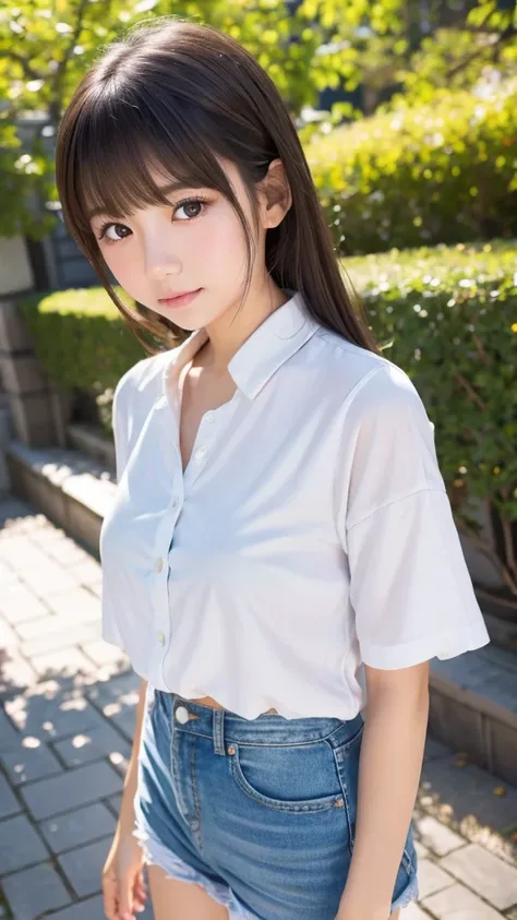  Japanese girl with beautiful asymmetrical bangs, ultra short white denim miniskirt   , sporty light blue blouse , beautiful brown eyes ,  beautiful detailed lips ,   very detailed eyes and face ,   Long eyelashes,  light brown long hair, asymmetrical bang...