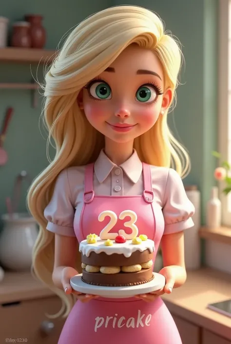 A blonde woman, with long hair combed to the side, green-eyed, slightly pulled, looking at the camera , slightly long nose, a slight sideways smile , with pink confectioner&#39;s clothes written "pricake" , she is holding a cake with the number 23 on top. ...