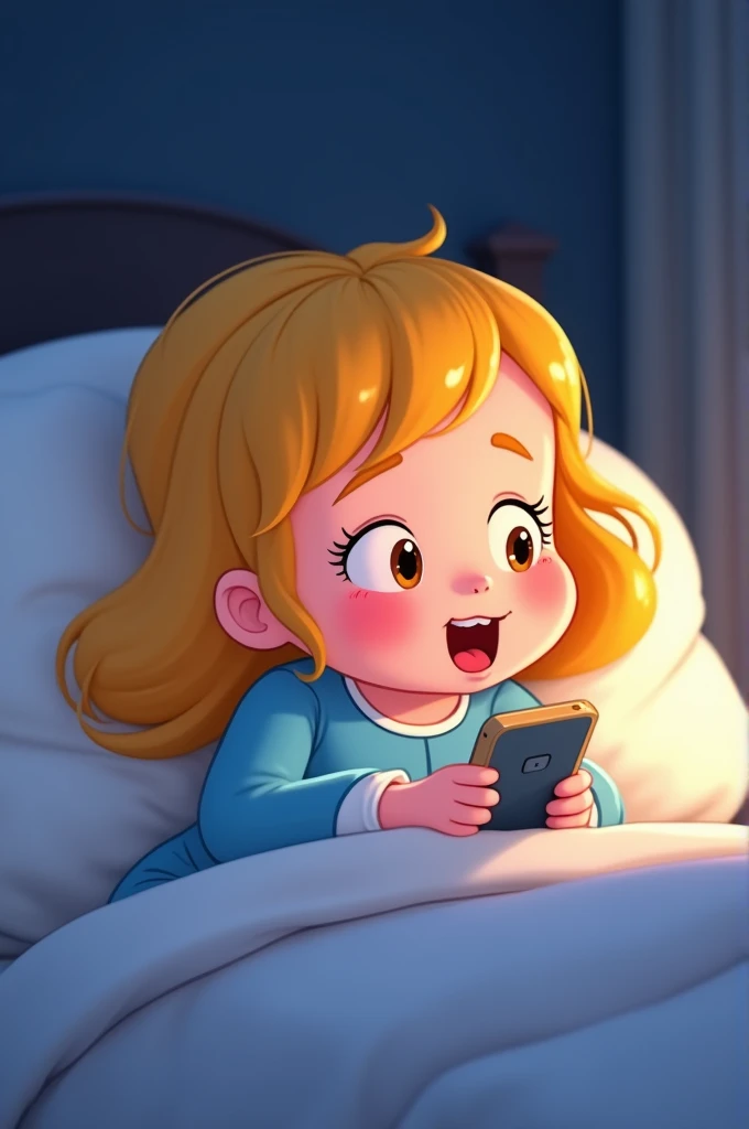 Can you generate cartoon
A girl yellow hair. Blue pajamas and white bed in bed lying she  opened her eyes and saw her phone light up. She picked it up to check why, and it was just a Facebook notification.  Its also night time 