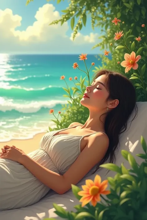 Refreshing noon a girl feeling relax  on beach greenery flowers surrounded 