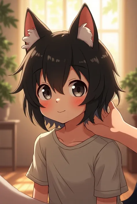 Anime neko boy with shoulder length black hair being pet