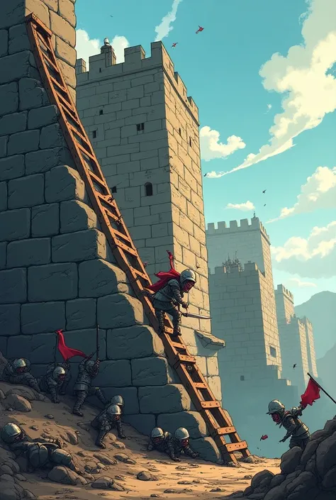 A fort with wall and slope at bottom and the mans with sword climbing it the ladder is broke and all are falling 
Make image of sideview (cartoon style)