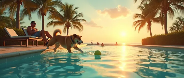 A dog playing with a ball at the Side view of swimming pool. Palm trees on the side. The leaves of the palm trees are moving due to breeze. The sun is setting. One man wearing sunglass is sitting on a beach chair. 2 other people are swimming. Make it lands...