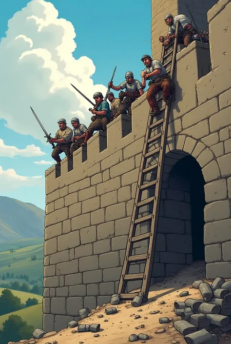 A fort with wall and the mans with sword climbing it the ladder is broke and all are falling 
Make image of sideview (cartoon style)