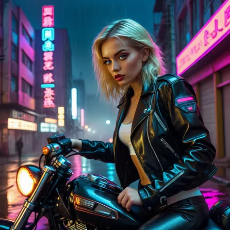 Sexy blond girl , light eyes leather jacket,  on a motorcycle looking at buildings, cyberpunk atmosphere, futurist, post apocalypse, fog, rain, neon lights, cyborgs retro 1980