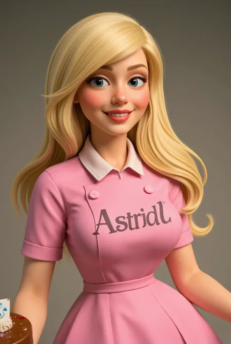 A blonde woman, long hair combed to one side, big breasts, blue eyes, slightly pulled, looking at the camera, slightly long nose, slight smile tilted to one side, with a pink bakers outfit that says "Astrid", "Astrid" she is holding a cake with the number ...