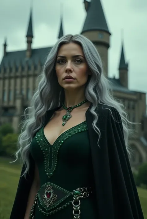 The Dark Witch wore an elegant black-green dress, long silver hair, amber eyes, wearing an elegant necklace with green jewels, a slender magic wand mobile, about 35 years old, behind it was Hogwarts Castle. 