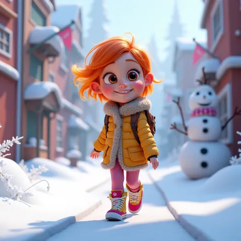 Disney  - Pixar  movie  poster  A Girl  skin white smile , short hair colour orange - yellow  gradient , wear outfits  Winter wear  and  sneaker colour orange and  yellow  walking in  City with  snow - snowman  backdrop  wall  ,  Disney  - Pixar  3D  style...