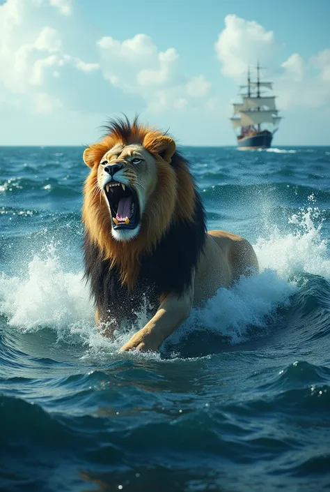 Lion in a ocean about to drown and a ship also in the sea in an distance in a clean ocean
