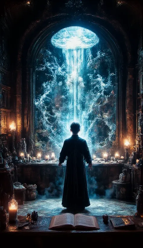 fantasy, wide angle shot, black elf sorcerer, opens a magic portal to another world that is built into a large mirror, a human-sized mirror standing on ground, the background is a room in the tower of the black elf sorcerer, a desk filled with open books, ...