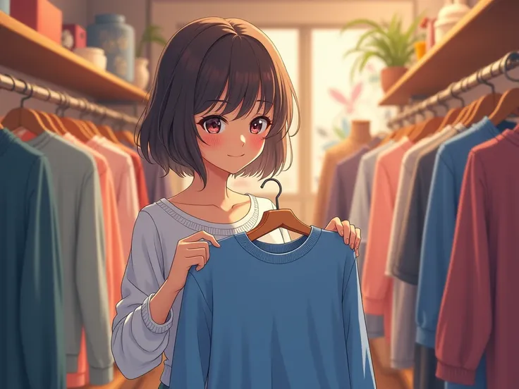 Otome style buy a blue sweater in the store