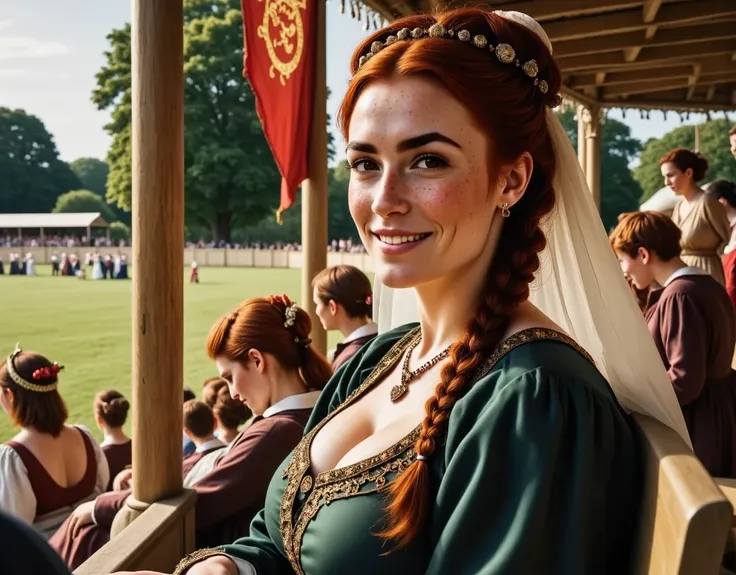 Photorealistic, cinematic style, a picture of a beautiful British woman dressed as a medieval noblewoman. Shes sitting in the stands of a medieval jousting tournament. Bright coloured banners, rising stands, lavish heraldic decorations. Group of people dre...