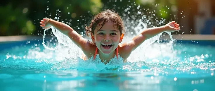 A  on a tube very happy smiling in a pool. Water splashing everywhere 