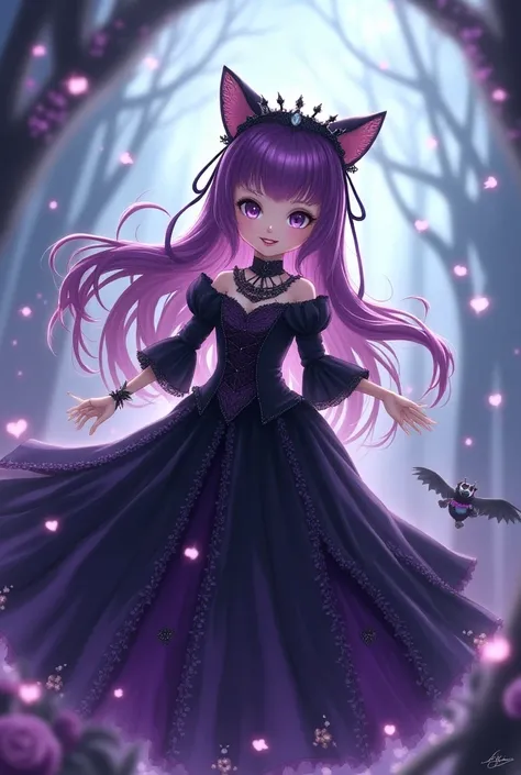  dress as kuromi princess and kuromi raining behind. Put name Elvina bikrun in title . The girl held kuromi hand