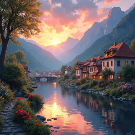 a small village by the river, mountains in the background, floral flowers colorful, detailed landscape, Beautiful natural landscapes, atmospheric lighting, scorching sunset, warm colours, practical, photopractical, Detailed Foliage, complex buildings, cobb...