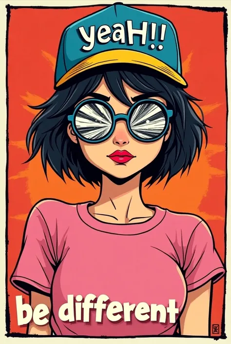  Create a colorful illustration in comic book style of a female character with short hair and verdant.  He wears a baseball cap with a yellow visor and the word YEAH !! written in large black letters and in an energetic style .  The cap is blue on the back...