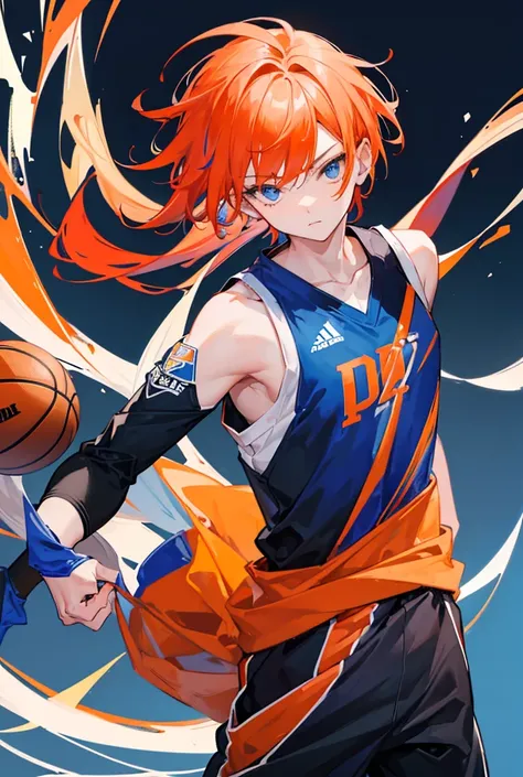 1boy, standing portrait, Central Focus, Centered, Fully in-frame, Solo, Standing still, zoomed out, multicolored hair

Gender: male

Appearance: Basketball player boy with orange blue hair, he wears a sleek anime high-tech basketball jersey with a long bla...