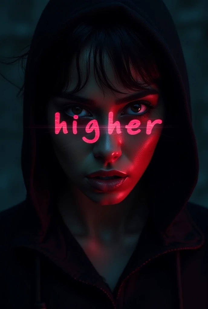 A splash art of a girl face only for a rage music cover picture with a text as " Higher" with a best font in the middle and a black background with little cyberpunk vibe