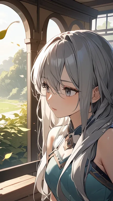 1 girl, ( cute face),  long hair , Loose waves,  Fantasy Anime Outfits, Small breasts,  calm expression , 思索的な姿勢  
break, Cloudy, ( Soft Light :1.3), Gray tones,  quiet atmosphere,  
break, Park bench, Falling leaves fluttering, Moist Air , Distant Tree々, ...