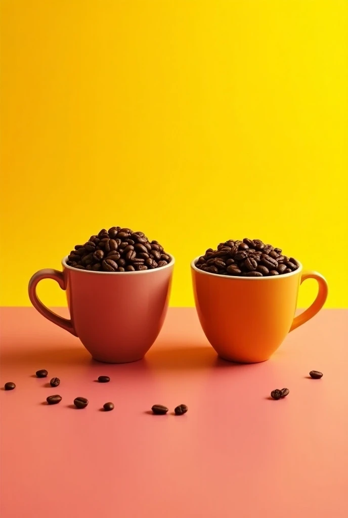 Give me a poster for my shop it should represent big cup of coffee beans should be side by side and top should be written chill and drink my shop name coffee should also be written top should be background yellow and down should be at pink both should be b...