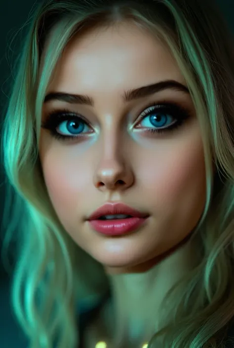 Close-up of womans face, blond hair, ,green eyes, glowing blue holographic equations projected onto skin. Intense gaze, realistic features. Dark background, cyberpunk aesthetic. Luminous mathematical formulas, handwritten style. Futuristic, high-tech atmos...