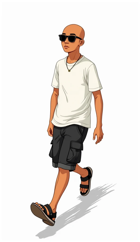 Cartoon doodle art in white plain background, a young Indonesian guy with eye-wear bald and tan skin, wearing white t-shirt and black cargo shorts, sandals, The character trying to get balance by holding a wall while he walking in shaking 