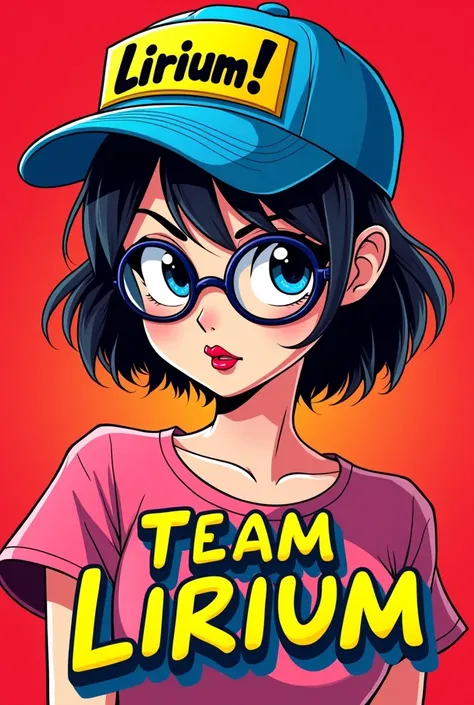  Create a colorful illustration in comic book style of a female character with short hair and verdant. He wears a baseball cap with a yellow visor and the word LIRIUM ! written in large black letters and in an energetic style .  The cap is blue on the back...