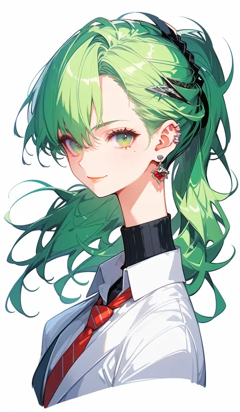 concept art, anime art, character sheet, Simple Background, whole body, Full Body Design, Front View, straight hair, green hair, ponytail, inner color for hair, droopy eyes, beautiful eyes, longeyelashes, mole under left eye, piercing in right ear, fearles...