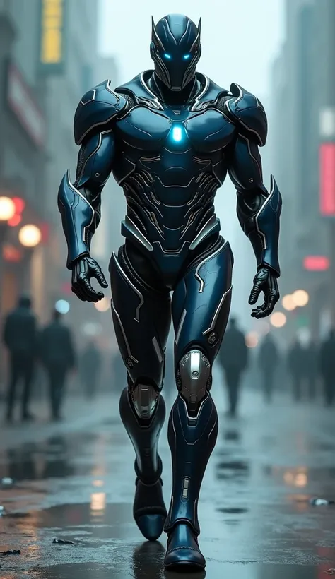  Dark blu armor with futuristic silver details humanoid neon blue eye full-body male view from head to toe viewed from afar realistic in 8k High resolution,  Walking masterpiece    