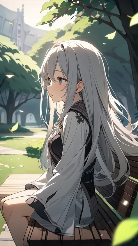 1 girl, ( cute face),  long hair , Loose waves,  Fantasy Anime Outfits, Small breasts,  calm expression , 思索的な姿勢  
break, Cloudy, ( Soft Light :1.3), Gray tones,  quiet atmosphere,  
break, Park bench, Falling leaves fluttering, Moist Air , Distant Tree々, ...