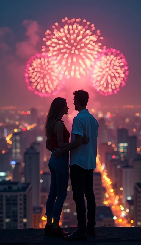  A romantic couple stands on the roof of a tall building at night ,  is looking at a busy cityscape ,  above which bright colorful fireworks sparkle .  The couple gently hugs ,  enjoying the magical moment .  The city lights below sparkle ,  creating a coz...