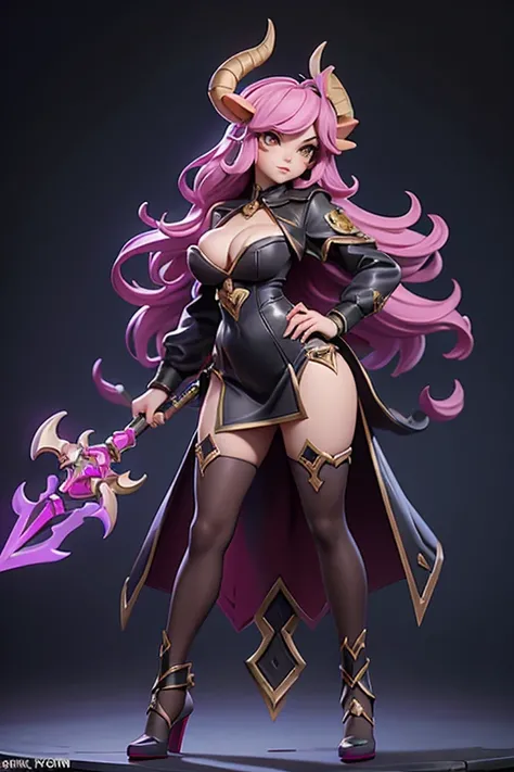 Q version of League of Legends Vi figure, Demon Queen dress, large sheep horns, cleavage, standing with one hand on hip and legs spread, full length photo,