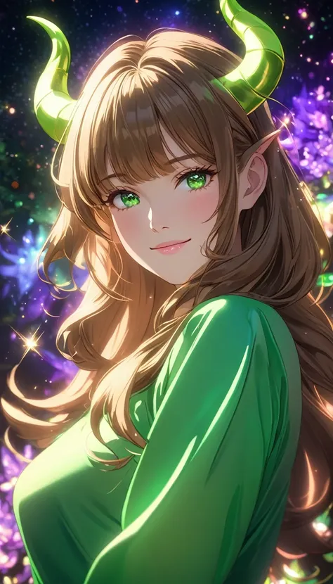 Divine Woman with taurus horns, prismatic green clothes, taurus, light smile, blush brown hair, cinematic lighting, depth of field, chiaroscuro(1.1), chromatic aberration, sparkle, bloom, reflection light(1), Fujicolor, Surrealism(1.5), anime style, fantas...