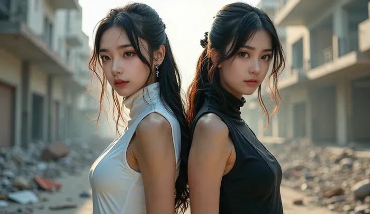 A girl of 19 years age korean ,well detailed face, two girls wearing white sleeveless power rangers suit and Black sleeveless power rangers suit respectively, having same face, standing with their back towards eachother, one is radiating whitish energy oth...