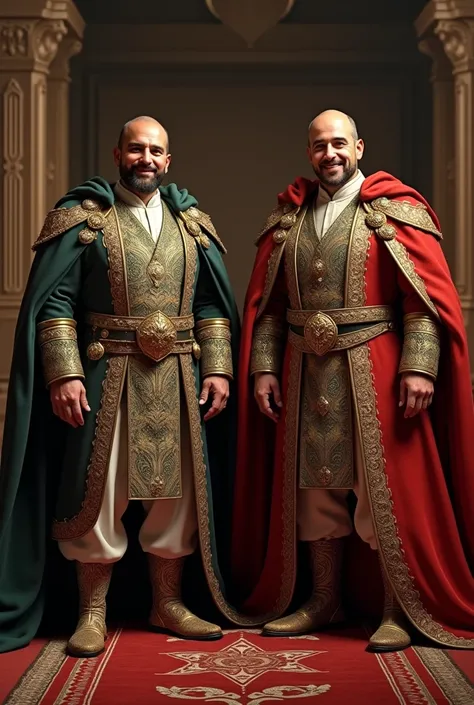 smiling two ottoman sultan, their face has no beard, facing the camera - full  wide view , wearing kingdom traditional suit and luxury shoes, stand-up in their throne kingdom