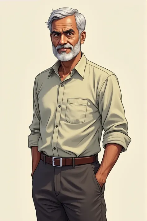 Create an middle aged indian man anime character wearing shirt and pants full size.