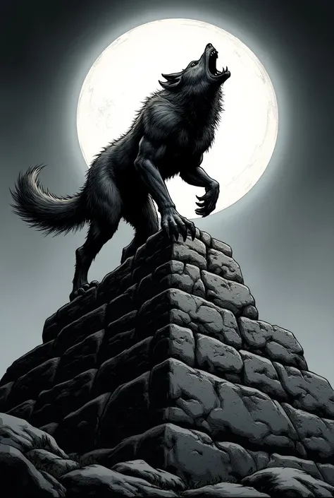 Create a manga panel : werewolve howls on the top of piramite at night time with full moon