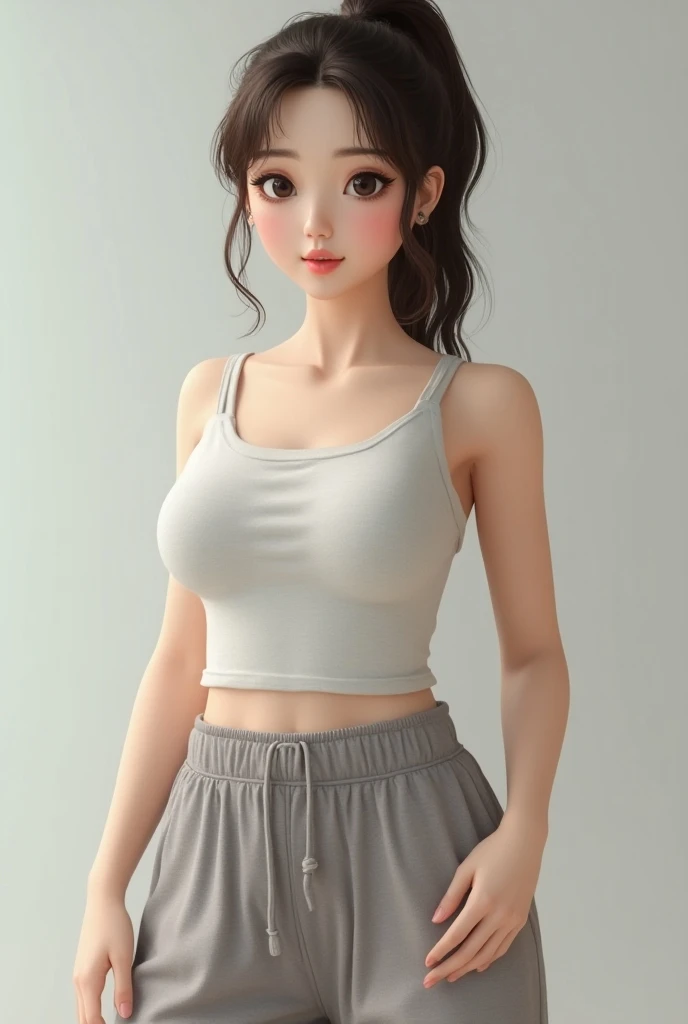 A HYPER realistic, skin textured, defined image, 8K quality resolution, Full body image of a female with a broad shoulder, triangle body shape, big chest, white light skin, dark brown hair, round face, soft and big eyes, sharp natural born eyeliner, pink-r...