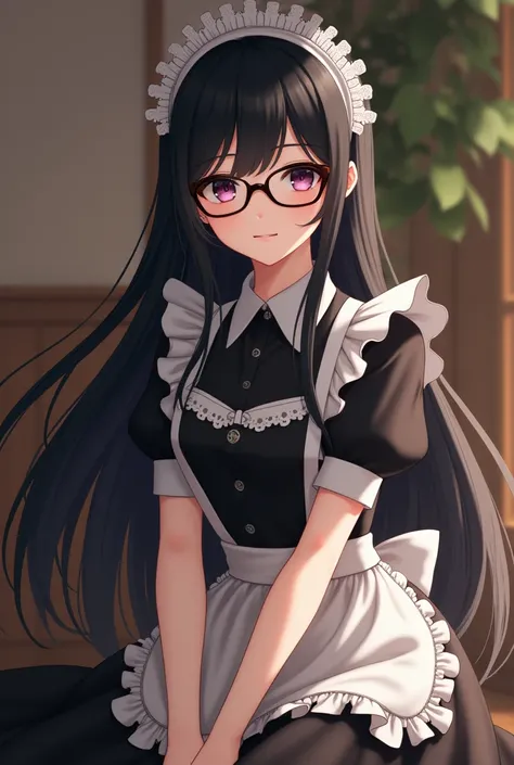 Beautiful Japanese Girl　long black lustrous hair　Wearing glasses　 maid costume